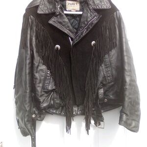 Park V Black Leather Bomber Biker Jacket with Fringe